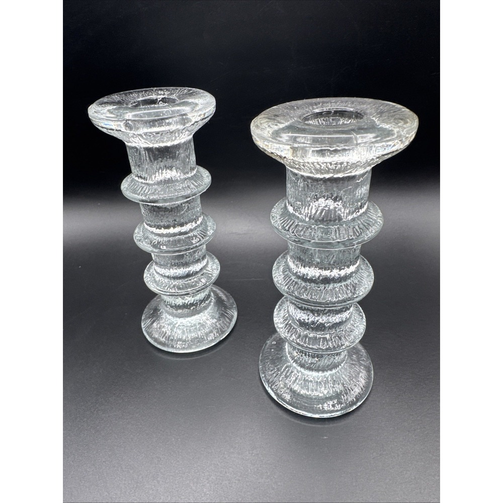 Vintage 60s Art Glass Candle Holder Scandinavian Pukeberg Sweden 3 Ring Pair MCM